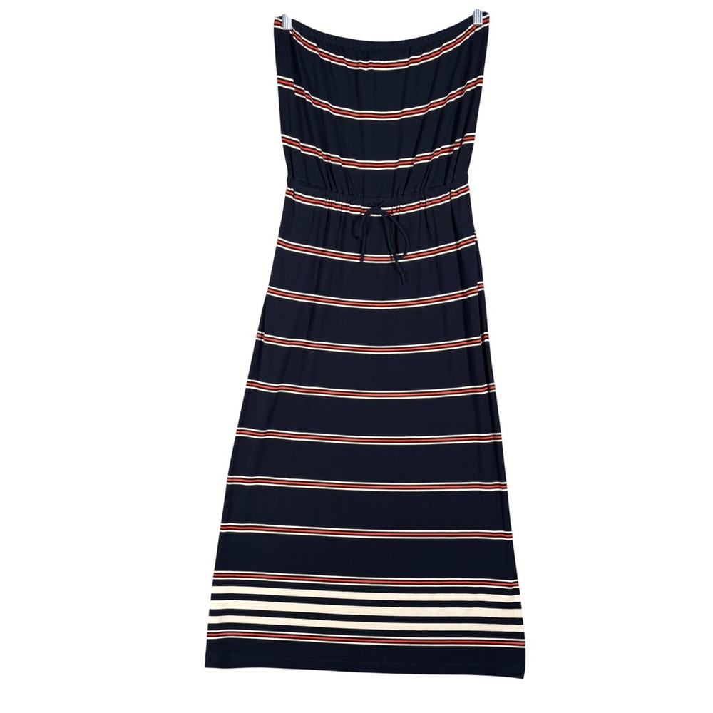 J Crew Strapless Maxi Tube Dress Size M Navy Blue White Red Stripe Elastic Waist